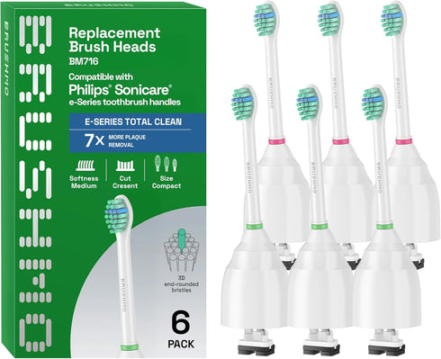 Brushmo e-Series Total Clean Replacement Toothbrush Heads, Compatible with Philips Sonicare Screw-on Electric Toothbrush Handles, 6 Compact Heads,...