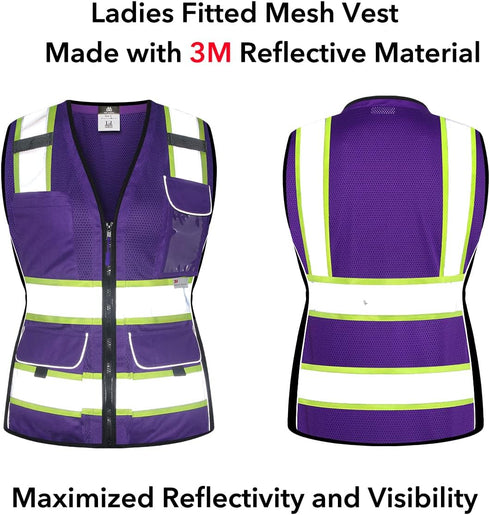 Vest for Women with Pockets, Mesh Reflective Vest High Visibility, ANSI Class 2 Made with 3M Reflective Tape, Purple XL...