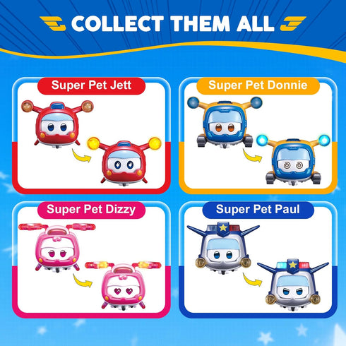 Super Wings Super Pets 4-Pack Collection Super Pets Jett, Donnie, Paul, Dizzy, Vehicle Action Figure, Superwings Transforming Plane to Robot, Gift...
