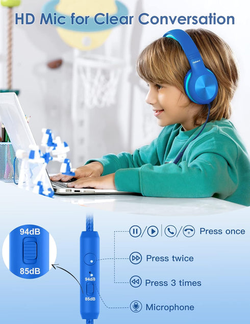 Kids Headphones with Cord, Over-Ear Headphones for Kids with Microphone, 85/94dB Volume Limit Headset for Kids with Shareport, Wired Headphones fo...