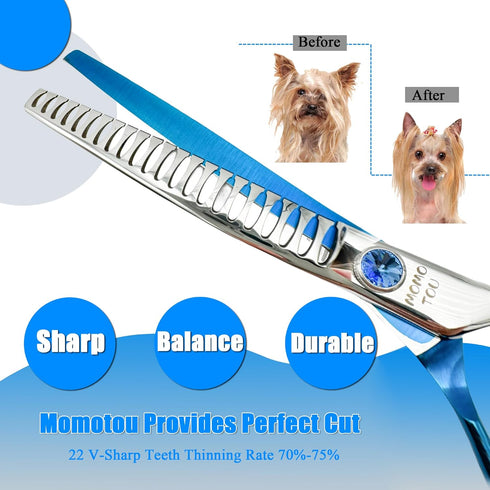 Blue & Silver Chunker Dog Grooming Scissors with Decorative Imitation Diamond Sharp and Durable 7.0'' 9CR Stainless Steel Pet Cat Trimming Shears ...
