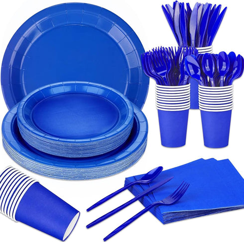 Blue Party Birthday Supplies, Blue Paper Plates Napkins Cups, Disposable Dinnerware Set Serves 25, Blue Plastic Forks Knives Spoon for Wedding Bri...