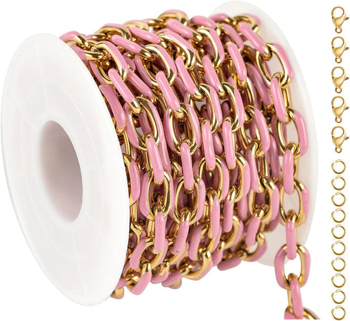 UMAOKANG 2 Meters Pink Enamel Paperclip Chains for Jewelry Making Gold Plated Stainless Steel Jewelry Chain for Necklace Bracelet DIY Jewelry Supp...