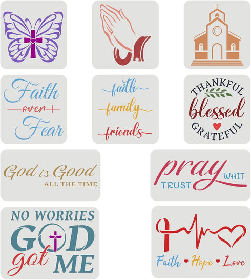 FINGERINSPIRE 10 Pcs 3 Size Christian Stencil Plastic Butterfly Pray Church Pattern Stencil Faith Hope Love,God is Good, Large Bible Sign Motivati...