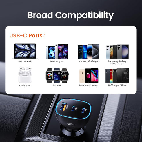 80W USB C Car Charger, 3-Port Cigarette Lighter USB Charger Adapter, QC&PD Type C Car Charger Adapter Fast Charging for iPhone 15/14/13/12 Pro Max...