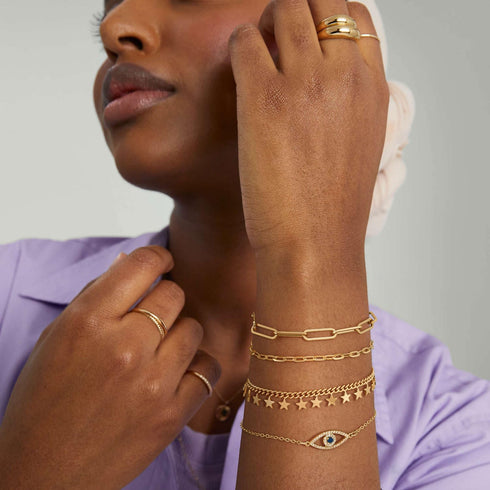 Dremmy Studios Gold Bracelet for Women 18K Gold Plated Dainty Paperclip Cubic Zirconia Disc Coin Star Cable Satellite Bead Pearl Simple Boho Minim...
