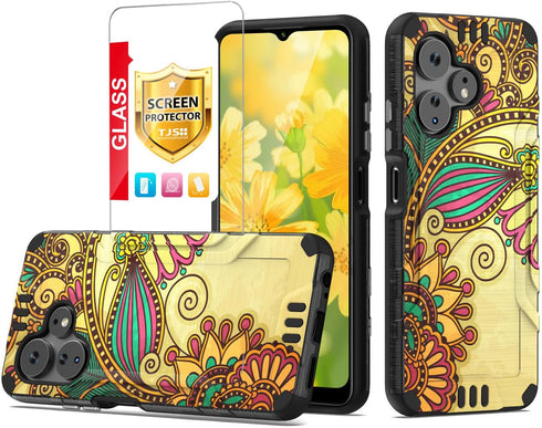 TJS Compatible for Boost Mobile Celero 5G + Plus 2024 (3rd Version) Case, Tempered Glass Screen Protector, Hybrid Shockproof Metallic Brush Finish...