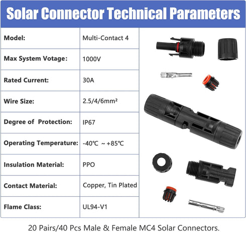 40PCS Solar Panel Connectors, Male/Female Multi-Contact 4 Solar Connectors, IP67 1000V 30A Waterproof Solar Panel Cable Connectors (20 Pairs Solar...