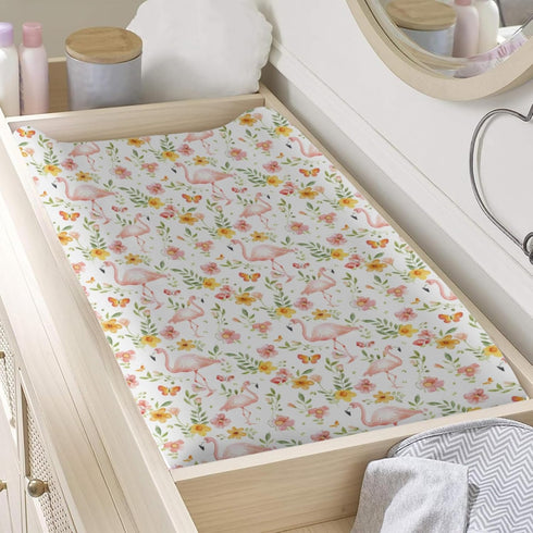 Flamingos Butterflies Flowers Changing Pad Cover, Flowers Floral Birds Prints Baby Nursery Diaper Changing Table Pad Cover, Unisex Flamingos Patte...