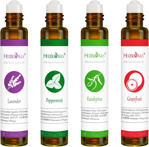 Essential Oil Roll On Set with Lavender, Peppermint, Eucalyptus & Grapefruit - Aromatherapy Relaxation Gift for Women - 4 Pack of 10ml Roll-Ons...
