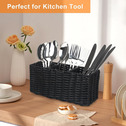 Ayiaren Wicker Silverware Cutlery Holder Black Flatware Utensil Caddy Best Silverware Organizer Storage for Countertop Party Kitchen Utensils Hold...