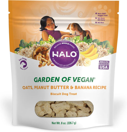 Halo Plant-Based Dog Treats with Peanut Butter and Banana, Vegan Dog Treat Pouch, 8oz bag...
