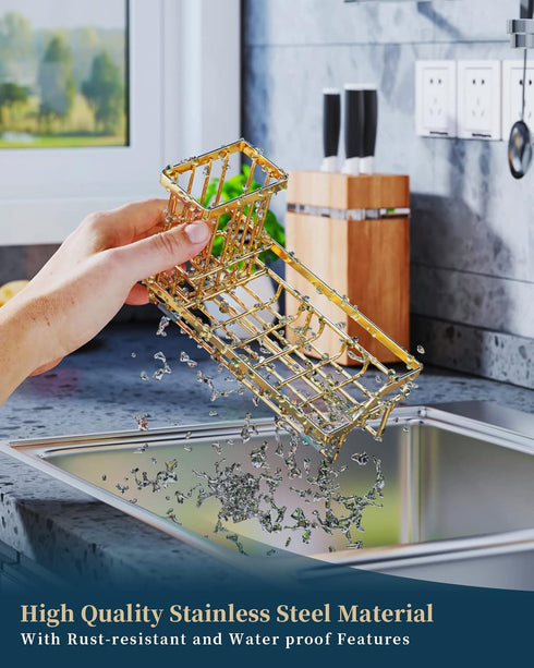 Consumest Sink Caddy, Kitchen Sponge Holder + Dish Brush Holder for Kitchen Sink, Sink Organizer with Drip Tray for Countertop, Stainless Steel Ru...
