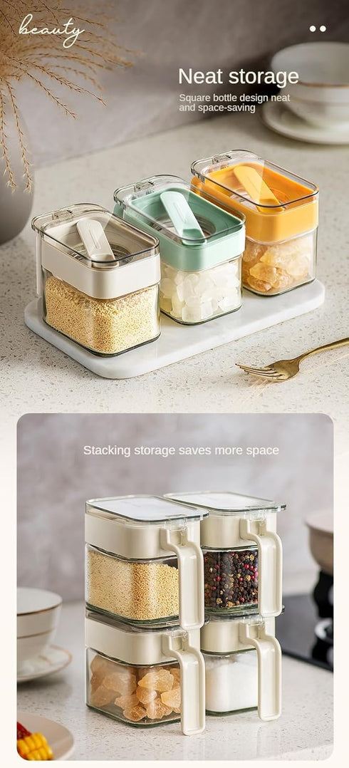 Condiment Jar Spice Container, Sugar and salt container set?Glass Seasoning Box with Spoon Dustproof Lid and Handle,for Kitchen, Counter,Food Stor...