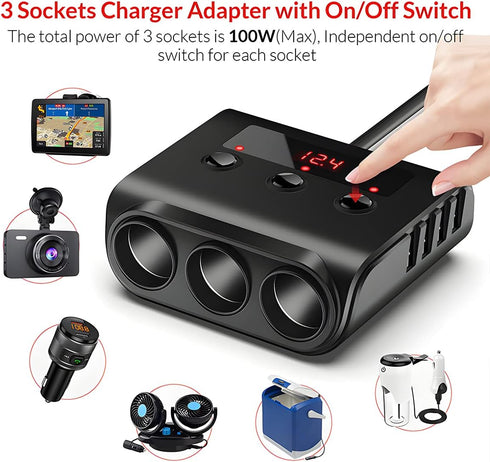 Car Cigarette Lighter Adapter, 12V/24V 120W 4 USB 3 Socket Splitter Car Chargers, LED Voltage Display On/Off Switches, Automotive Cigarette Lighte...