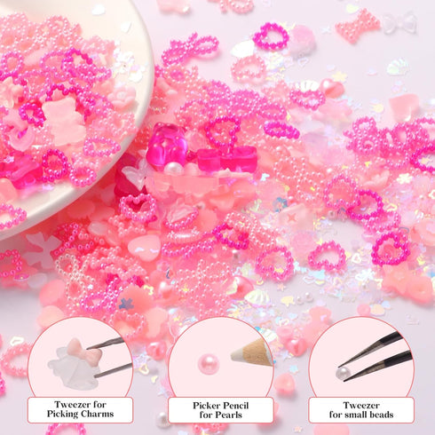 3D Pink Bow Nail Art Charms, 3D Assorted Bowknot Nail Charms Pearls Gems Cute Star Heart Butterfly Bow Planet Bear Nail Decoration with Pickup Too...