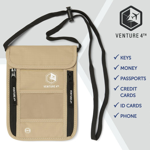 VENTURE 4TH Passport Holder Neck Wallet with RFID Blocking Nylon Lining - Hidden Neck Pouch for Travel (Beige)...