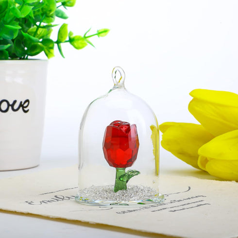 H&D HYALINE & DORA H&D Crystal Rose Flower Figurine Dreams Ornament in a Glass Dome Gifts for her (Red)...