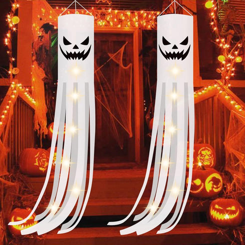 CCINEE 2 Pack Halloween Ghost Windsock Flag with Lights, 70.8 Inch Glow in the dark Halloween Outdoor Hanging Decor for Yard Patio Garden Pathway ...