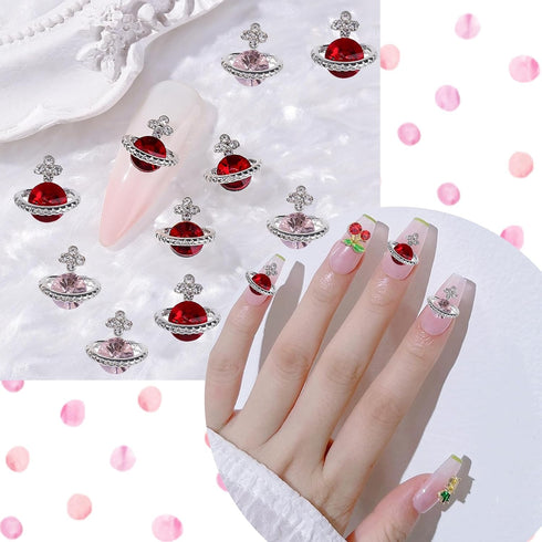 40PCS Cherry Nail Charms with 3D Crystals Design, Kawaii Nail Charms with Heart and Planet Nail Charms, Cherry Nail Charms Art Shiny Gems Nail Mak...