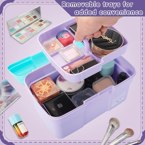 11in Mutipurpose Storage Box Organizer with Removable Tray, Portable Small Craft Box with Handle, Plastic Clear Tool Box Art Case for Makeup, Sewi...