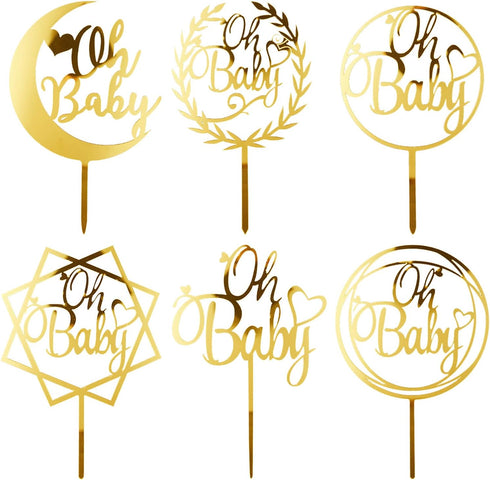6Pcs Oh Baby Cake Topper Gold Acrylic Baby Shower Cake Decorations for Baby Girl Boy Birthday Cake Party Supplies Cake Toppers...