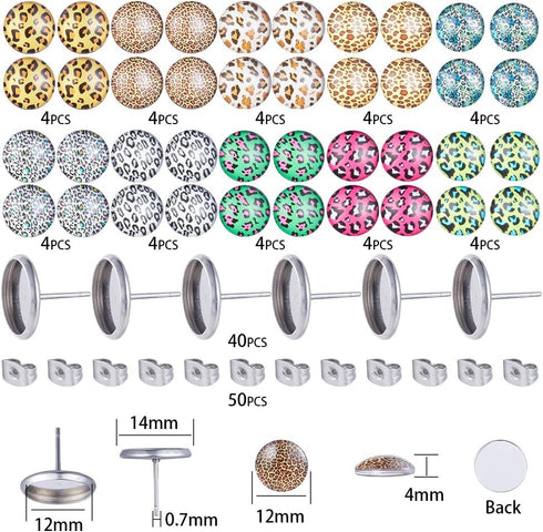SUNNYCLUE 1 Box 130Pcs DIY 20 Pairs Leopard Stud Earrings Making Starter Kit 4 Color 12mm Flat Back Druzy Resin Cabochons & Blank Stud Bezel Earri...