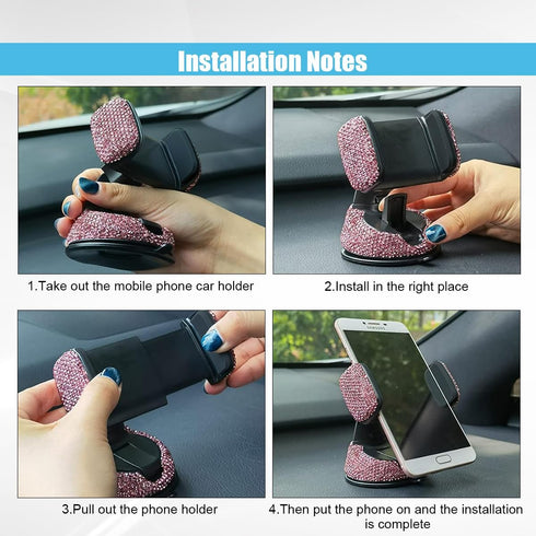 Bling Car Phone Holder, 360° Adjustable Crystal Car Phone Holder, Car Interior Accessory with One More Air Vent Base, Universal Phone Holder for D...