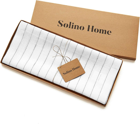 Solino Home Linen Table Runner 90 Inches Long - Pinstripe, 100% Pure Linen White and Black Table Runner 14 x 90 Inch for Dining, Summer, Fall, Hal...