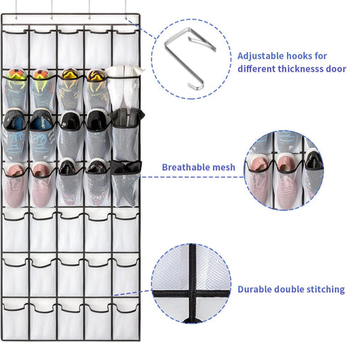 35 Pockets Over the Door Shoe Organizer, Hanging Shoe Organizer for Door with 35 Mesh Pockets Large Capacity Shoe Hanging Storage Bag with 4 Metal...
