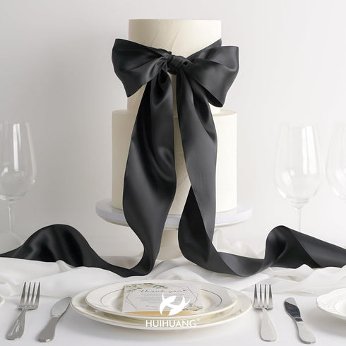 HUIHUANG 4" Wide Double Faced Satin Ribbon Black Thick Polyesater Ribbon 10 Yard/Spool, for Chair Sash, Lagre Bows Making, Flower Bouquet, DIY Cra...