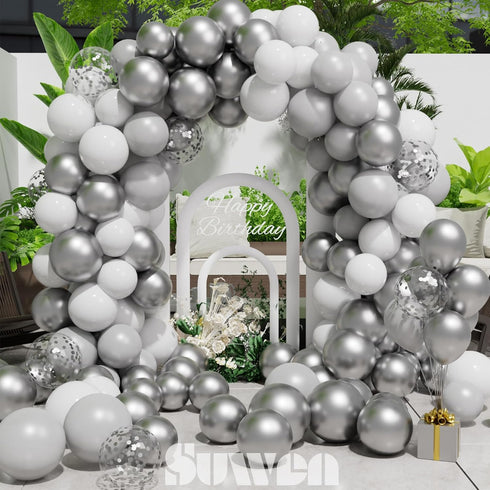 SUWEN 60PCS Metallic Silver Confetti Balloons Set Latex Helium Chrome Silver Balloon for Birthday New Year Baby Shower Wedding Party Decorations...