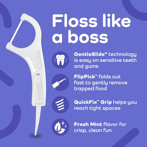 Plackers Gentle Line Floss Picks, Fresh Mint Flavor, Fold-Out FlipPick, QuickFix Grip, Easy Storage with Sure-Zip Seal, 150 Count...