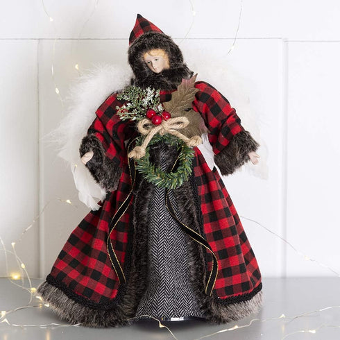 Glitzhome Handmade Plaid Angel Figurine Christmas Treetop Ornament Decoration 12" H - Red & Black...