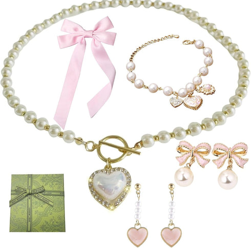 Pearl Coquette Jewelry Set 5PCS - Pearl Bow Earrings Pink Bows for Hair for Women Pearl Choker Necklace Coquette Accessories Trendy Gifts...
