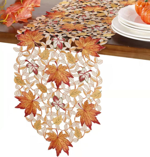 GRANDDECO Thanksgiving Harvest Table Runner Embroidered Cutwork Maple Leaves Dresser Scarf Table Cover Autumn Or Fall Decorations (Table Runner 13...
