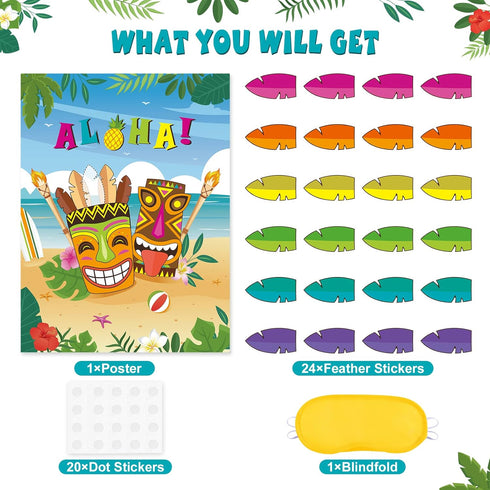 WERNNSAI Pin The Feather on The Tiki Party Games - Hawaiian Luau Party Supplies for Kids Boys 21’’ x 28’’ Aloha Poster with 24 Pcs Stickers for Ba...