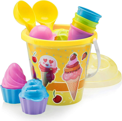 Top Race Beach Toys Set with Large 9'' Bucket Pail and Spade Scoop Shovels for Kids | 16pcs Yellow Ice Cream Playset for Kids & Toddlers Ages 1.5,...