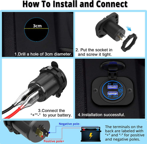 Dual USB Socket 12V Marine Outlet with Switch Golf Cart USB Port 12 Volt DC Car Charger Mount Waterproof Cigarette Lighter Power Adapter DIY Kit F...