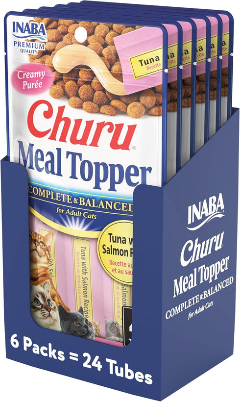INABA Churu Meal Topper for Cats, Complete & Balanced, Creamy, Lickable Purée Cat Food Topper, 0.5 Ounce Tube, 24 Tubes (4 per Pack), Tuna with Sa...