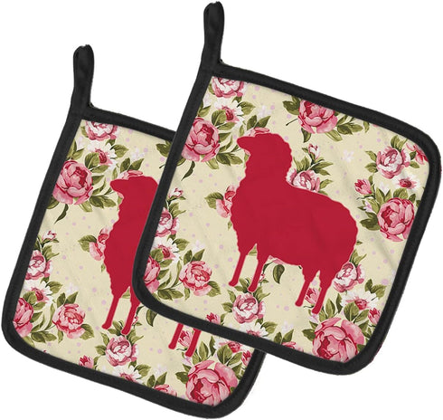 Caroline's Treasures BB1126-RS-YW-PTHD Sheep Shabby Chic Yellow Roses Pair of Pot Holders, Yellow Kitchen Heat Resistant Pot Holders Sets Oven Hot...