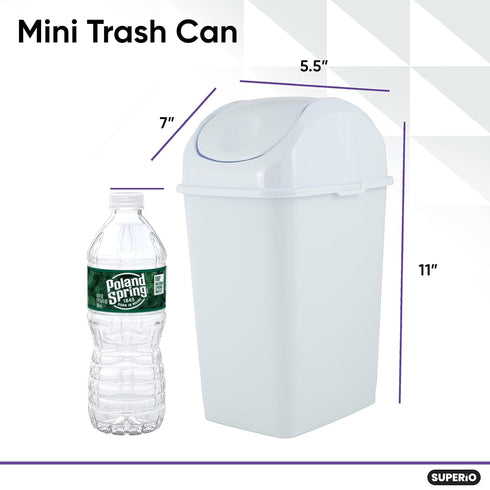 Superio Mini Desktop Trash Can with Swing Top Lid Portable Plastic Garbage Can for Countertop, Desktop, Make up Vanity, Bathroom, Car, Under Sink,...