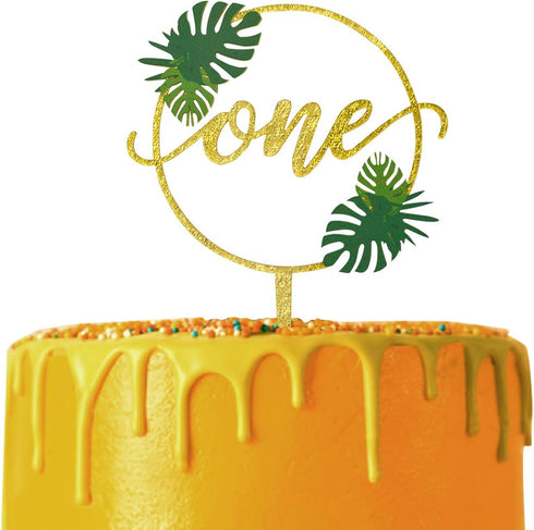 One Cake Topper for Baby 1st Birthday Decorations One Year Old Party Supplies First Birthday Party Photo Booth Props Hawaiian Luau Tropical Palm L...