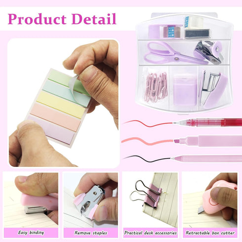 Mini Office Supply Kit, Pink Mini Stapler with Staples and Tape Dispenser Set, Mini Stationary Kit includes Sticky Notes Index Tabs Highlighters G...
