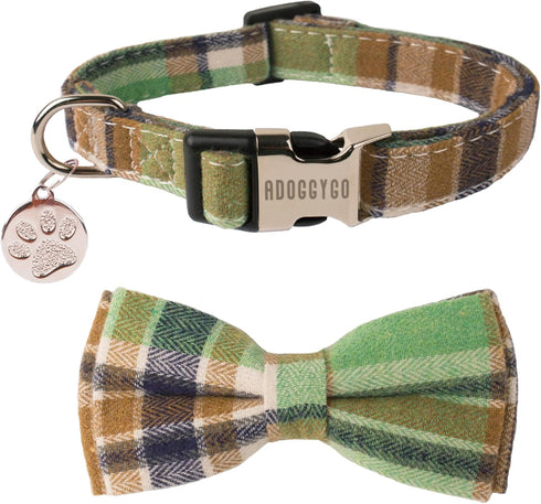 ADOGGYGO Plaid Dog Collar with Bowtie, Green Dog Collars with Detachable Bow tie Adjustable Soft Green Plaid Collars for Small Medium Large Dogs P...