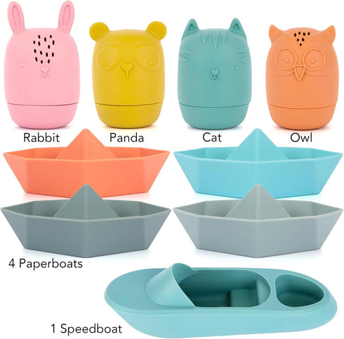 ArtCreativity Silicone Bath Toys for Babies - Set of 9 Mold Free Bath Toys - Bathtub Toys with 4 Animal, 4 Boat, and 1 Speedboat Design - Easy to ...