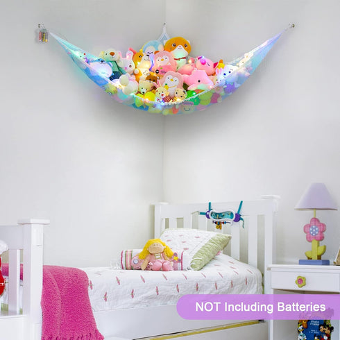 Stuffed Animals Hammock Kids Toy Storage with LED Light Unicorn Castle Plush Toy Organizer Corner Hanging Stuffed Animals Holder For Nursery Kids ...