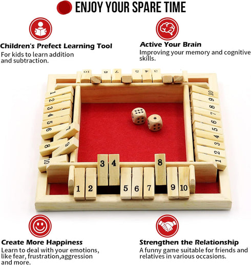 Dice Game Shut The Box Game Wooden Board Game with 10 Dices,a Classic 4 Sided Family Math Game for 2-4 Players Dice Board Game Shut-The-Box,Red(Ki...