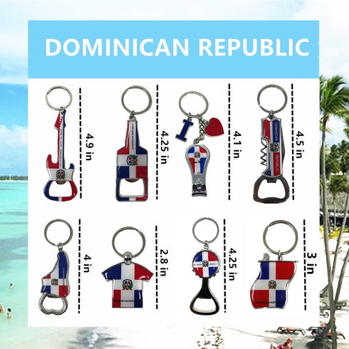 8 Pack Dominican Republic Country Metal Keychain, 5 Bottle Opener, T-shirt, Flag, Beer Can, Heart-Key Design, Souvenir Keychains, Gift, Bulk...
