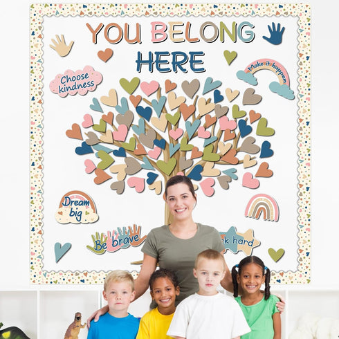 Boho Classroom Tree Bulletin Board Decorations Heart Cutouts Border Welcome Classroom You Belong Here Bulletin Board Decor Supplies for Chalkboard...